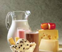 Assorted dairy products including milk, cheese and ice cream